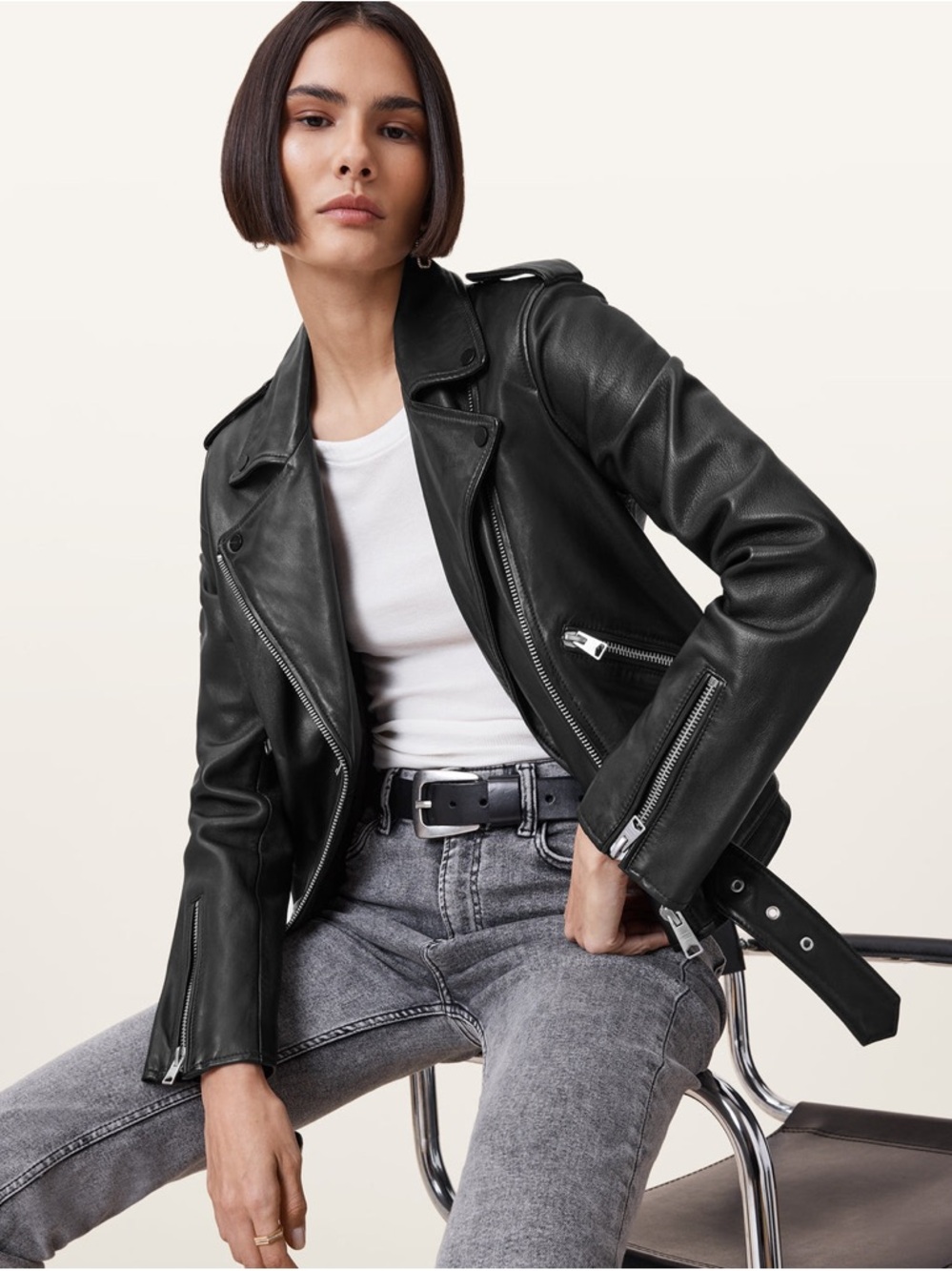 AllSaints Balfern Leather Jacket Black Moto Biker XXS US 0 - Picture 2 of 10